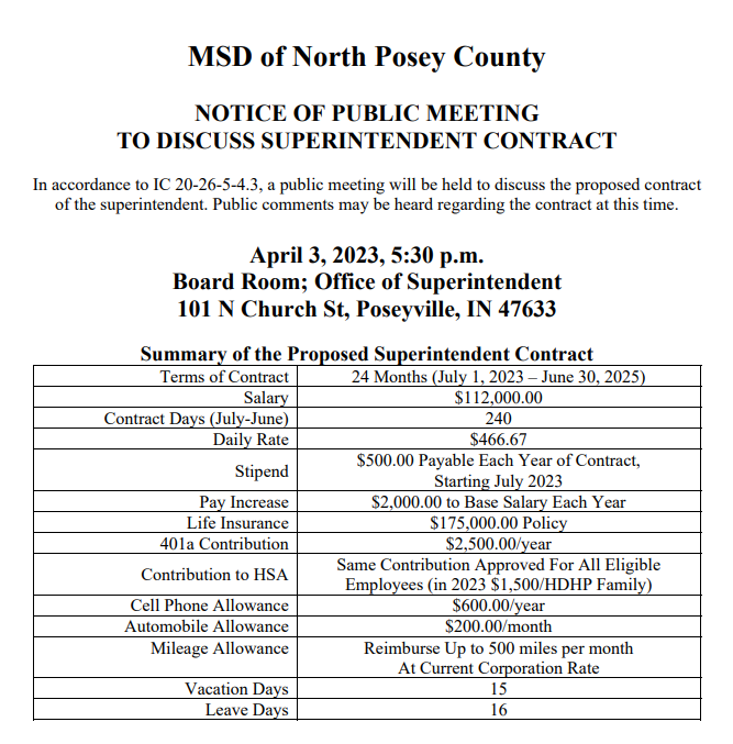 NOTICE OF PUBLIC MEETING
TO DISCUSS SUPERINTENDENT CONTRACT