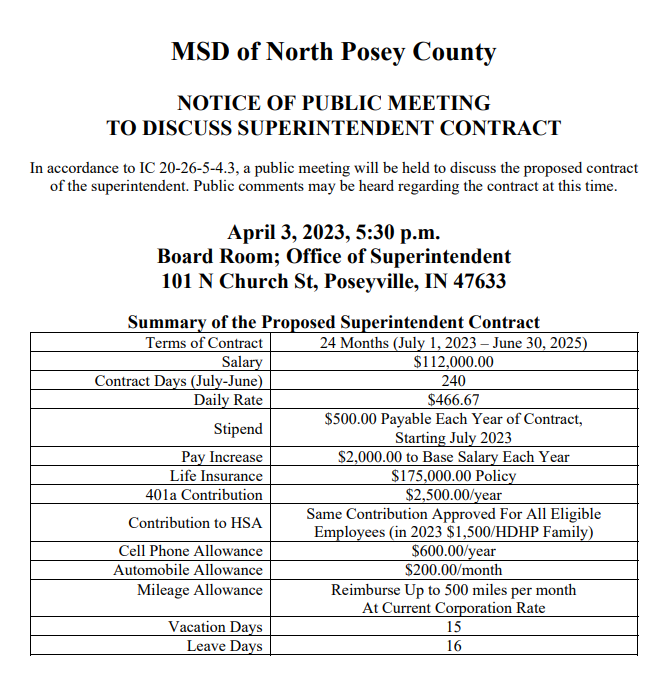 NOTICE OF PUBLIC MEETING
TO DISCUSS SUPERINTENDENT CONTRACT