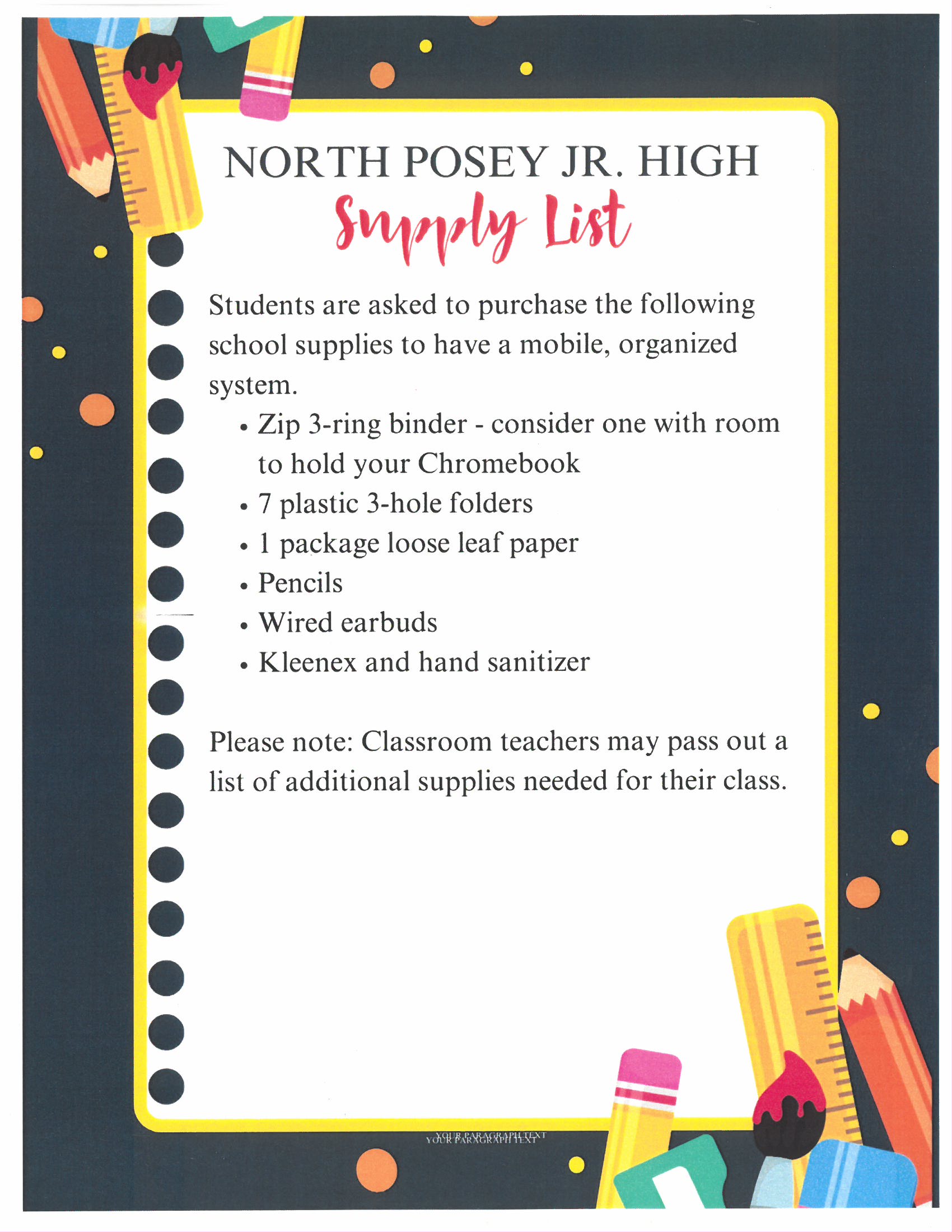 School Supply List for Jr High & High School